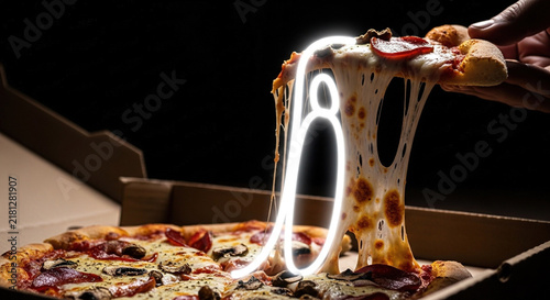 Person Holding a Slice of Cheese-Stretched Pizza in a Box