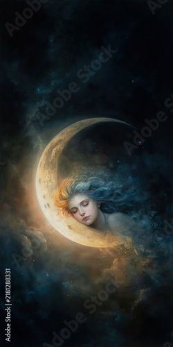 A serene woman with flowing hair rests peacefully against a glowing crescent moon amidst a cosmic, star-filled night sky.