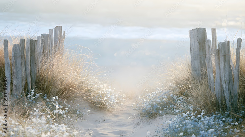 Obraz premium Dreamy coastal path through wild sea grass and rustic wood towards a hazy misty ocean horizon