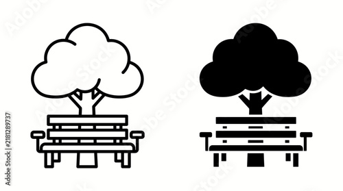 Two stylized icons of a park bench with a tree behind it, one in outline and one in solid black.