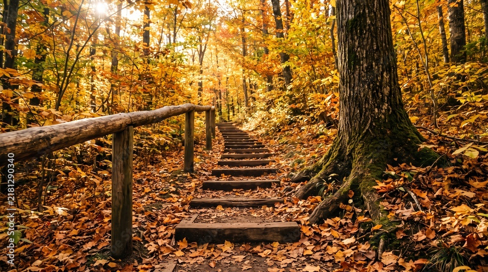 Obraz premium Wooden stairs lead through a golden autumn forest with fallen leaves