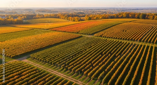 Breathtaking Aerial View of an Autumn Vineyard During Harvest Season Bathed in Golden Sunlight