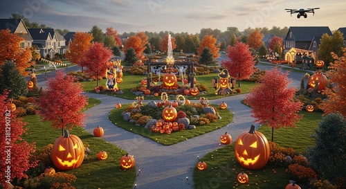 Decorated Suburban Park With Illuminating Pumpkins and Autumn Foliage During a Festive Halloween Celebration