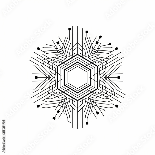 Hexagonal circuit snowflake tattoo design