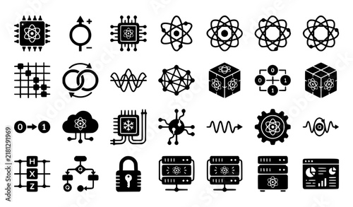 Quantum Computing Symbols and Technology Black Silhouette Vector Icon Set