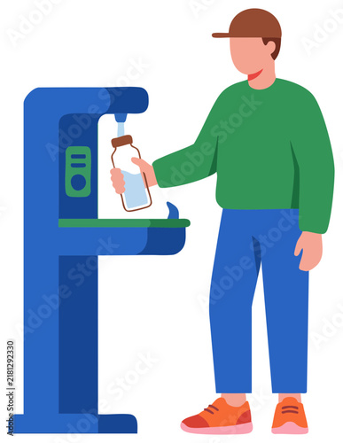 Man Filling Reusable Water Bottle at Public Hydration Station
