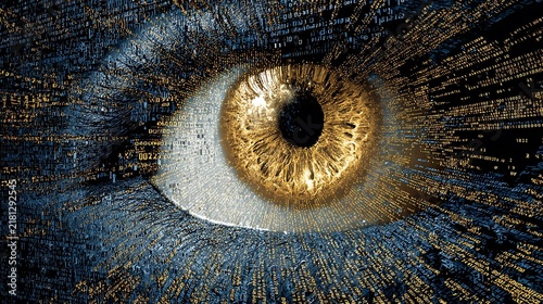 Futuristic digital eye with gold iris, cyber security data vision, abstract tech eye.