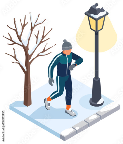 Isometric Man Jogging in Winter Park Under Street Lamp at Night