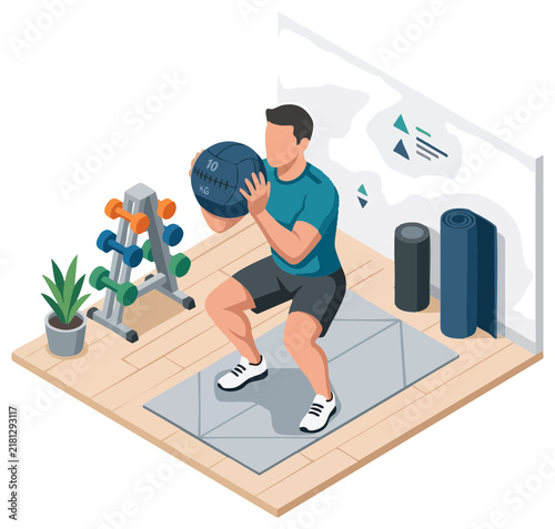 Isometric Man Doing Squats with Medicine Ball in Home Gym Fitness