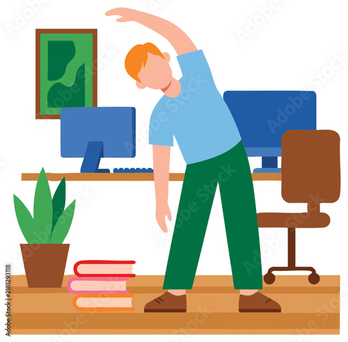 Man Stretching at Home Office Desk for Healthy Remote Work Routine