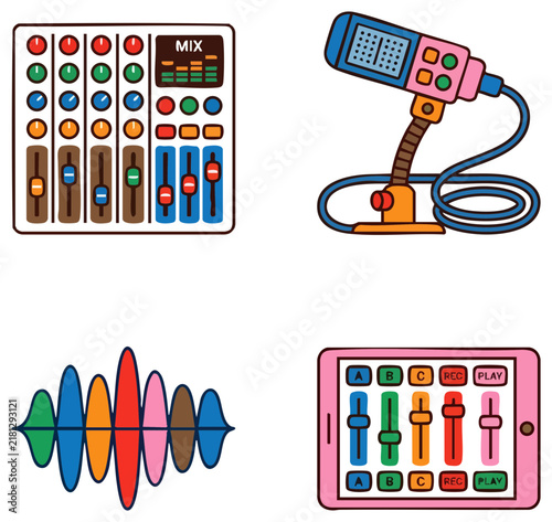 Music Production Equipment Icon Set for Recording and Mixing