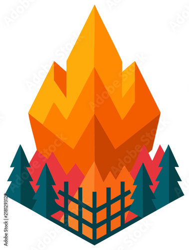 Flat Geometric Forest Fire Vector with Pine Trees and Fence
