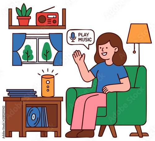 Woman Using Smart Speaker Voice Assistant to Play Music at Home