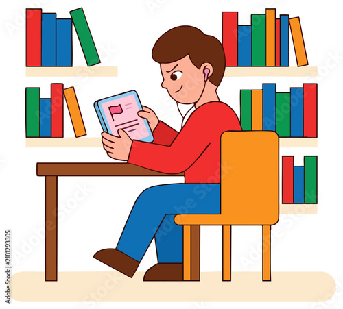 Young Student Studying with Tablet and Earphones in Library Vector