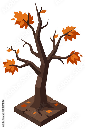 Isometric Low Poly Autumn Tree with Orange Leaves Vector Illustration
