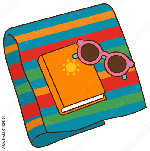 Summer Beach Essentials with Striped Towel Book and Sunglasses Vector