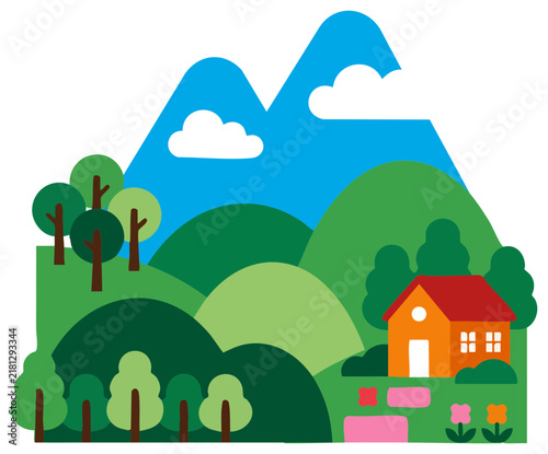 Flat Vector Illustration of a Rural House in Green Mountain Landscape