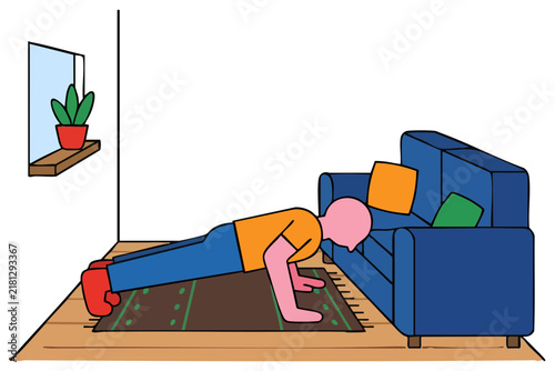 Man Doing Push-ups Home Workout in Living Room Vector Illustration