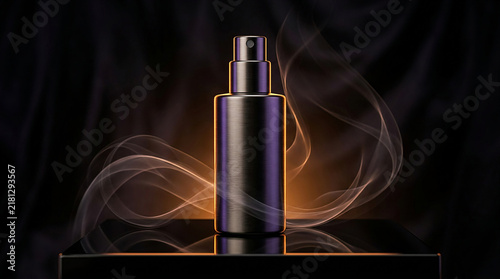 Purple spray perfume bottle with elegant smoke swirls on black surface dark background luxury fragrance product photography personal care beauty product