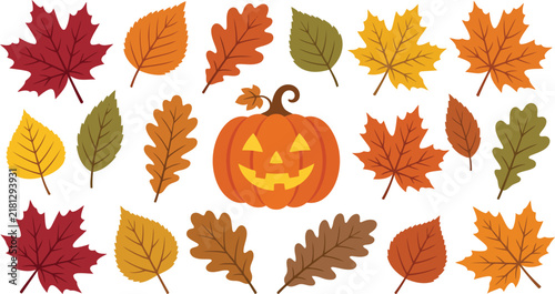 Set of colorful autumn leaves and a carved pumpkin on transparent background