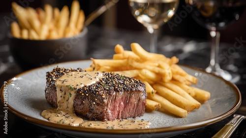 Classic steak au poivre with peppercorn crust and cognac cream sauce served with French fries elegant