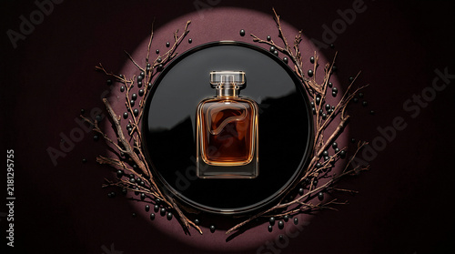 Luxury perfume bottle centered on dark circular base surrounded by decorative branches with dark background product photography essential oil glass bottle