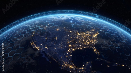 Cyber Security Digital Grid Hexagon Mesh Network Shield Over North America Earth