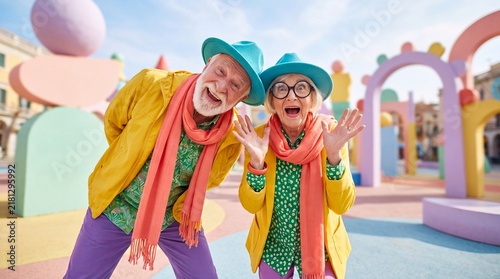 Playful elderly couple having fun in colorful park, senior lifestyle and active retirement.