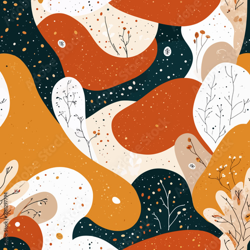 Abstract Organic Shape Seamless Pattern with Botanical Line Art Elements Surface Design