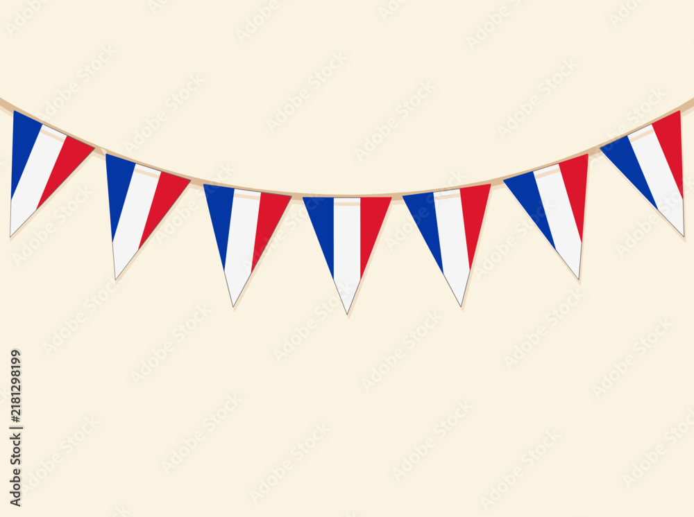 Fototapeta premium French flag bunting garland featuring blue white and red tricolor triangular pennants hanging on a rope over a neutral cream background for Bastille Day or national celebrations.