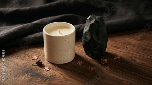 Natural soy wax candle in ceramic container placed next to piece of coal on rustic wood table with scented candle raw coal interior decor homeware design