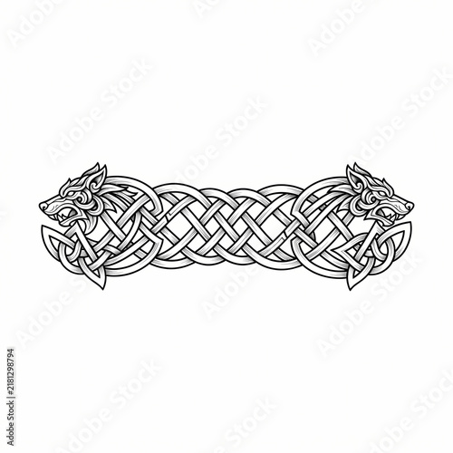 Celtic knot twin wolf heads tattoo