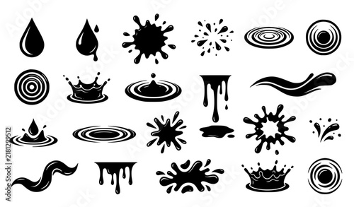 Liquid Splash Ink Drop and Ripple Wave Black Silhouette Vector Icon Collection