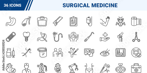 Surgical Procedures line icon set. Vector pictograms of surgery, hospital, medical, and clinical elements, thin linear illustration.