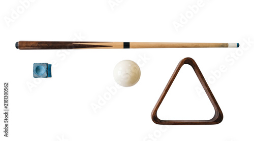 Billiard Cue Ball Chalk Triangle and Cue Stick.