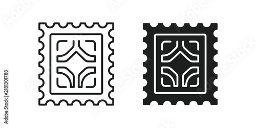 Postage stamp black outline and solid design for mail and collectibles.