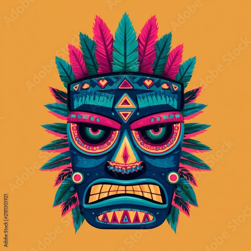 Vibrant Tropical Tiki Mask with Colorful Feathers and Tribal Patterns Illustration