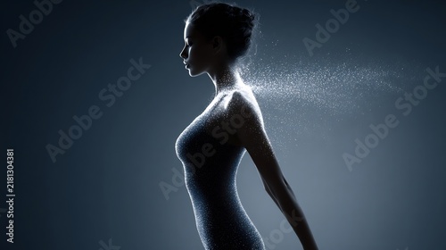 Elegant Woman Silhouette Profile with Shimmering Light Particles Radiating on Dark Blue Background