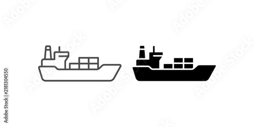 Cargo container ship outline and solid silhouette vector graphic icons.