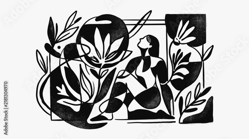 Artistic silhouette of woman sitting among botanical plants.