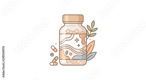 Artistic supplement bottle with dragon fruit and leaf motifs.