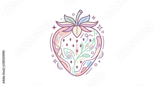 Artistic strawberry outline with intricate geometric line patterns.