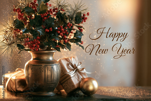 An elegant luxury New Year greeting card. Vase filled with fresh holly branches with bright red berries and delicate pine branches. 