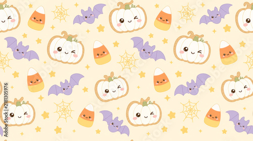 Seamless Cute Pastel Halloween Pattern with Smiling White Pumpkins, Purple Bats, Candy Corn, and Gold Cobwebs on Cream Background