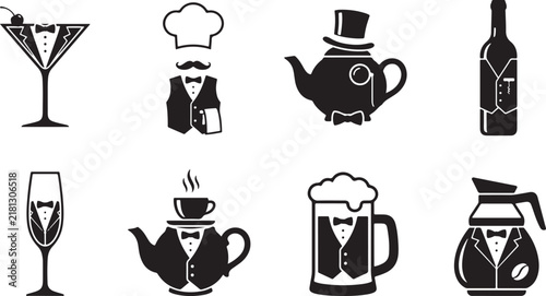 Foto Black and white silhouette set of dapper dining, tuxedo beverages, and restaurant vector icons