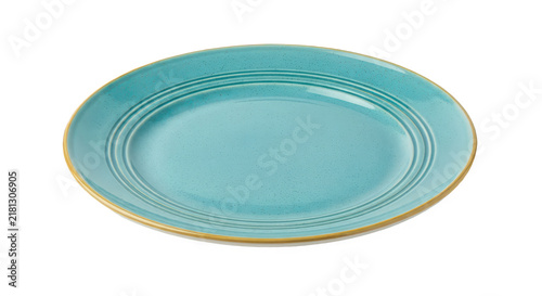 Empty turquoise ceramic plate isolated on white background for food photography