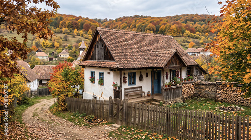 Traditional Romanian countryside house / Balkan village house in autumn