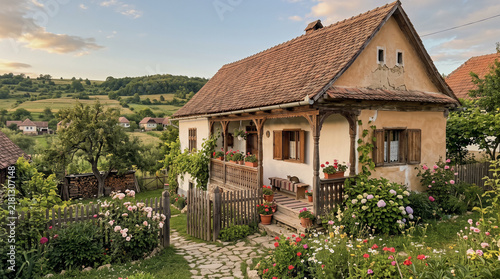 Traditional Romanian countryside house / Balkan village house in spring