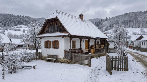 Traditional Romanian countryside house / Balkan village house in the winter