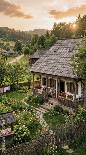 Traditional Romanian countryside house / Balkan village house in the spring